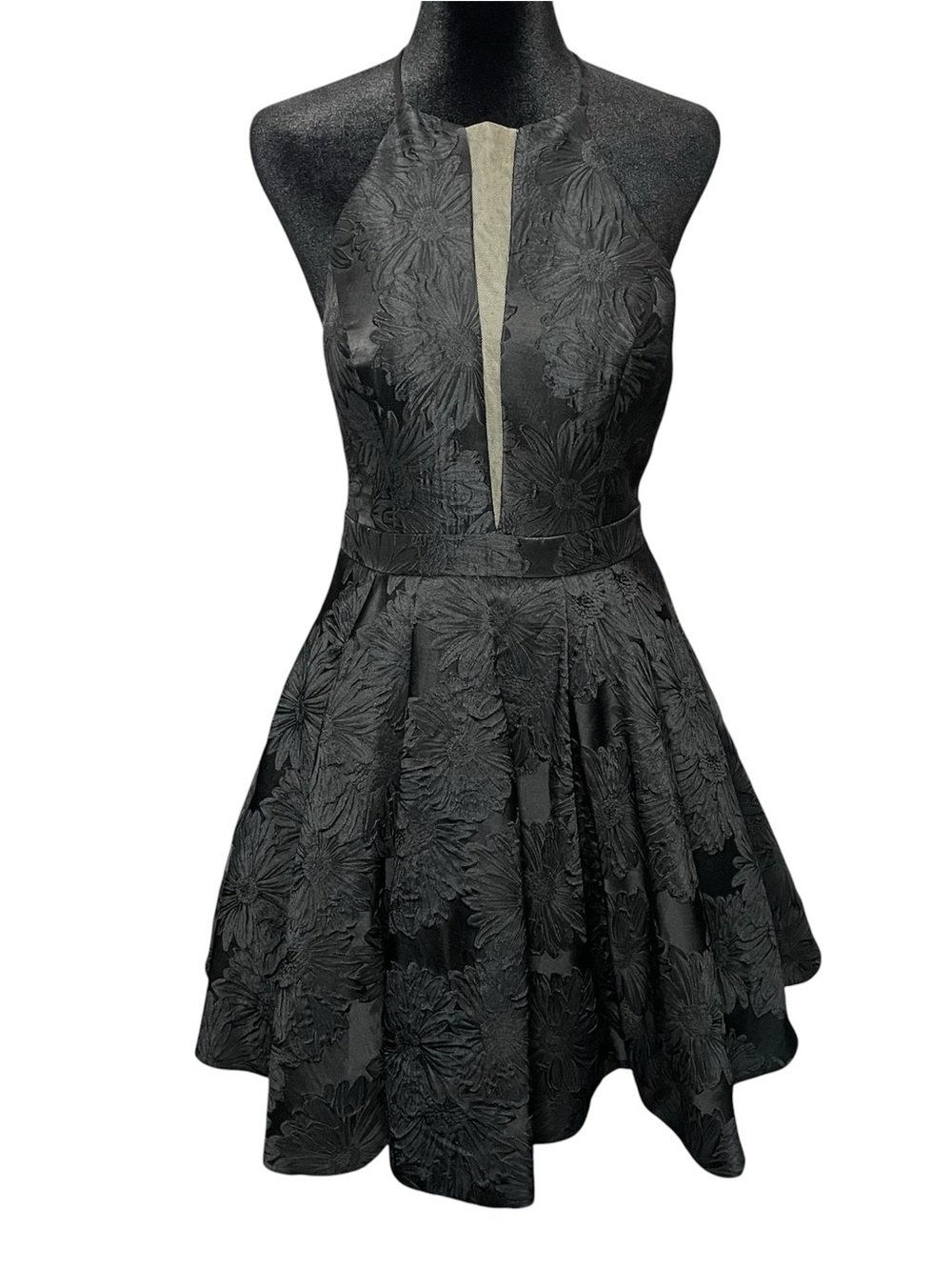 Sherri Hill Halter Neck Mini Black Daisy Dress Pockets Flare Size 4